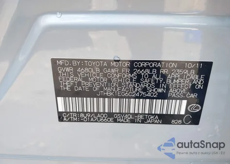 2012 Lexus Es 350 z USA, uszkodzony, nr VIN JTHBK1EG6C2475402